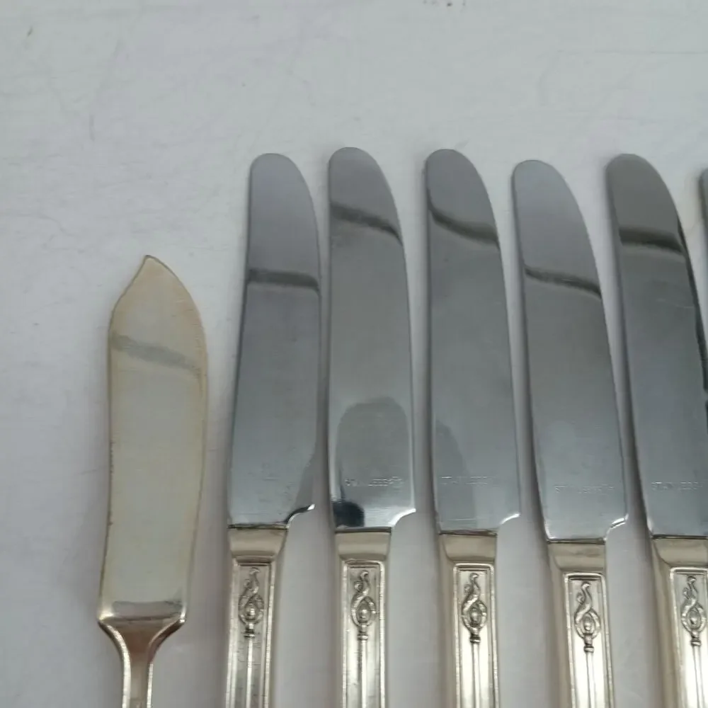 8+1X BK Vtg Manor Plate Triple Rose Rosedale Butter Knives Silverplate